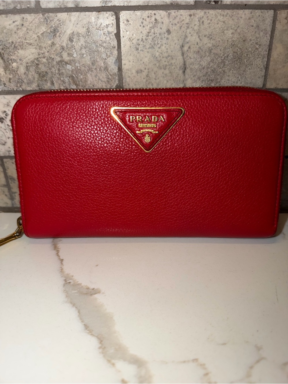 Prada Red Pebbled Leather Zip Wallet with Gold Logo
